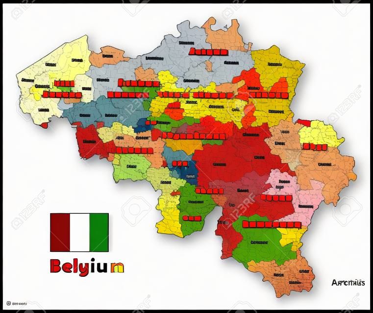 Mappa vettoriale del Belgio che mostra le province e le suddivisioni amministrative (comuni), colorate dagli arrondissements