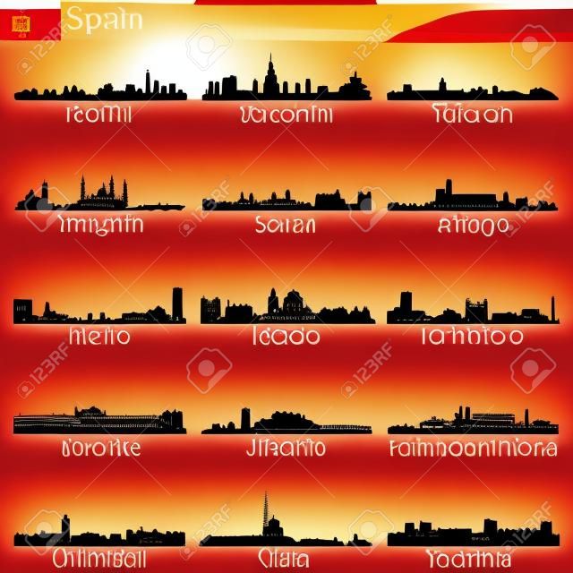 Spain largest cities skylines silhouettes vector set