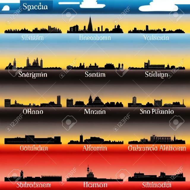 スペイン最大の都市スカイラインシルエットベクトルセット
