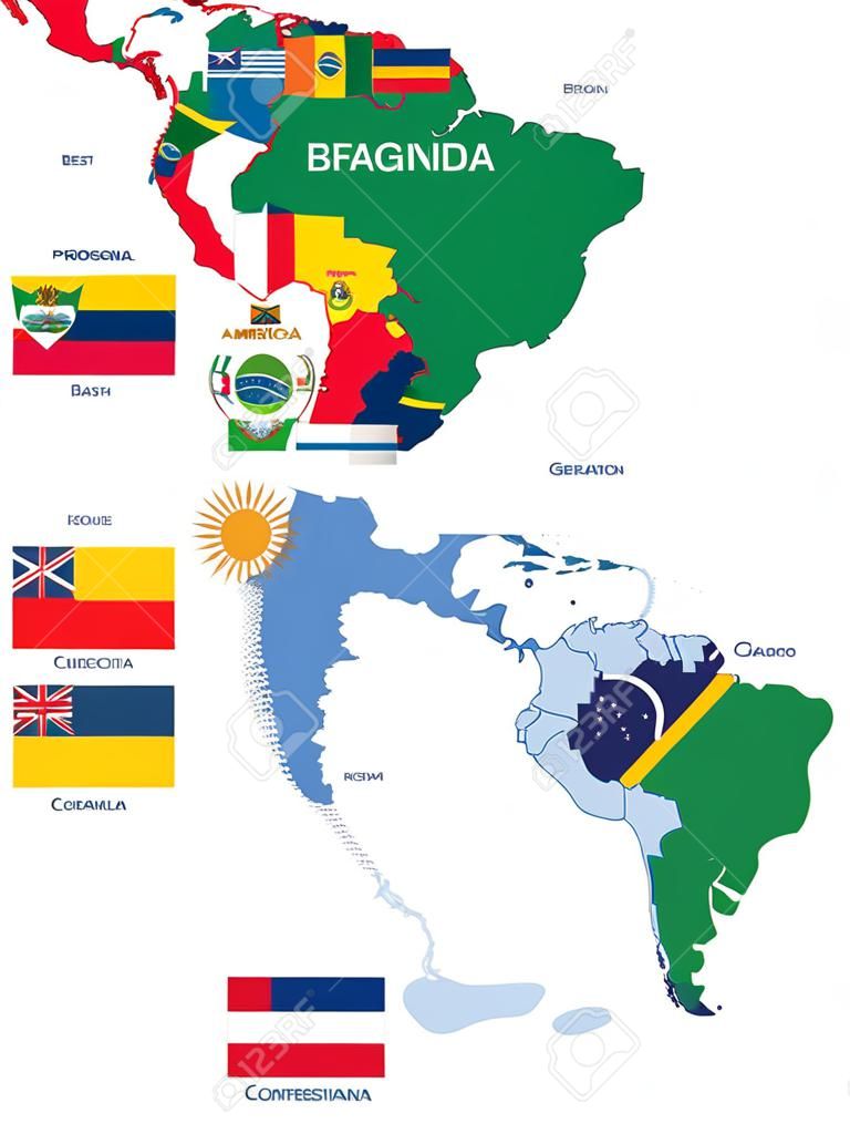 南美国地图与国家国旗矢量插图混合