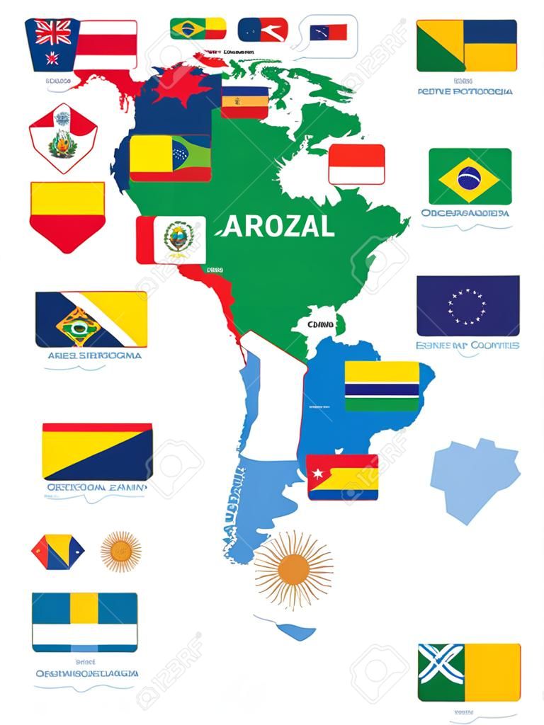 南美国地图与国家国旗矢量插图混合