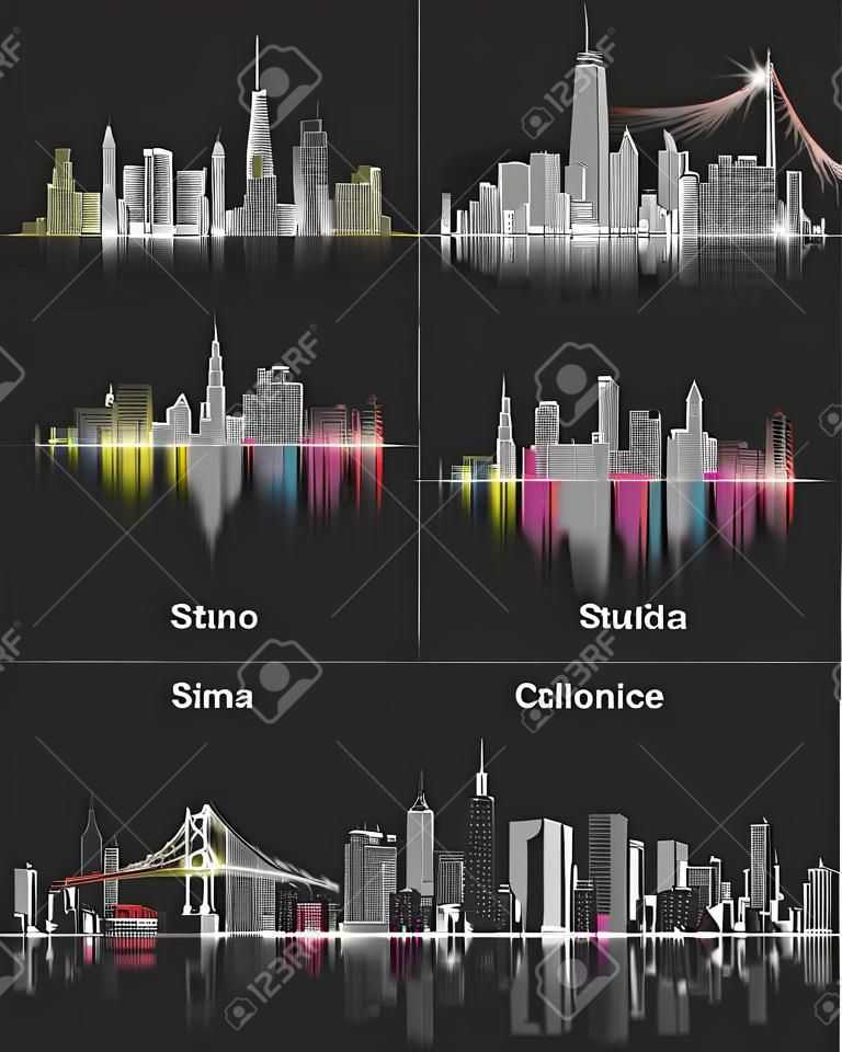 abstract illustrations of urban United States of America city skylines at night on soft dark background