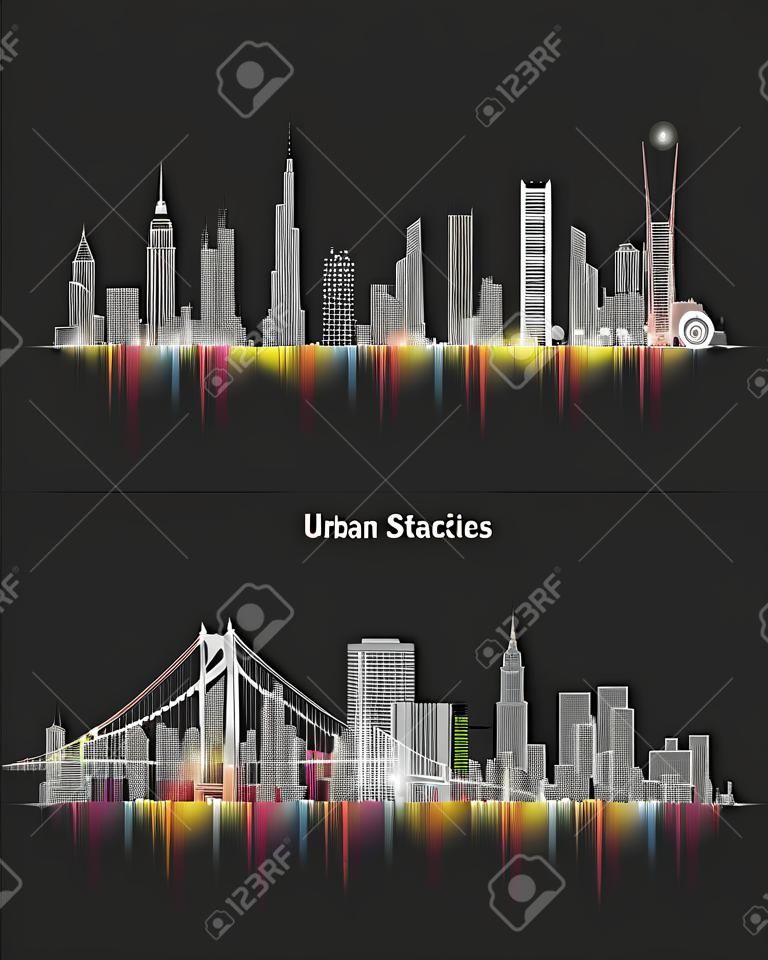 abstract illustrations of urban United States of America city skylines at night on soft dark background