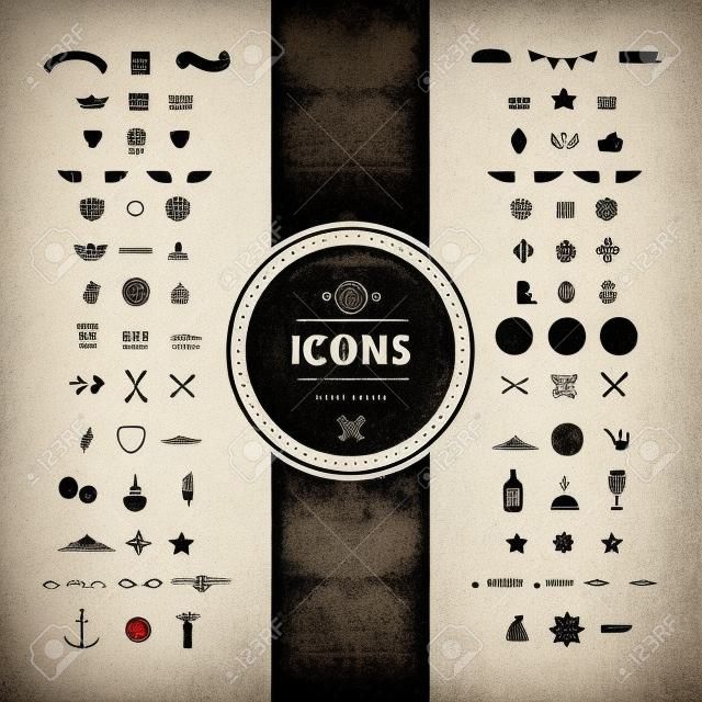 Impressionante Set di Hipster icone e simboli per etichette moderne, Tag e distintivi. Vintage Classic grafica. Raccolta di Retro Oggetti, cornici e silhouette.