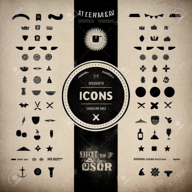 Fantastische Set von Hipster-Icons und Symbole für moderne Labels, Tags und Abzeichen. Weinlese-klassische Grafik. Sammlung von Retro Objekte, Frames und Silhouetten.