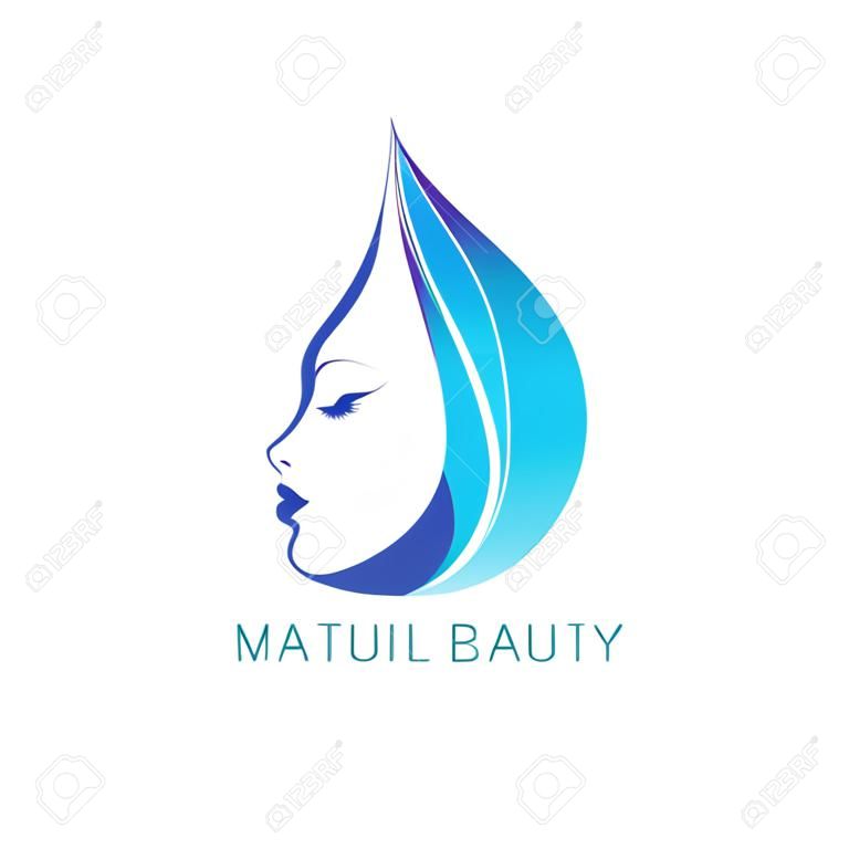 Schönes weibliches Gesicht in Tropfen mit Wellen. Vektor-Logo-Vorlage. Abstrakt Business-Konzept für Schönheitssalon, Friseurläden, Massage, Kosmetik und Wellness-Center.