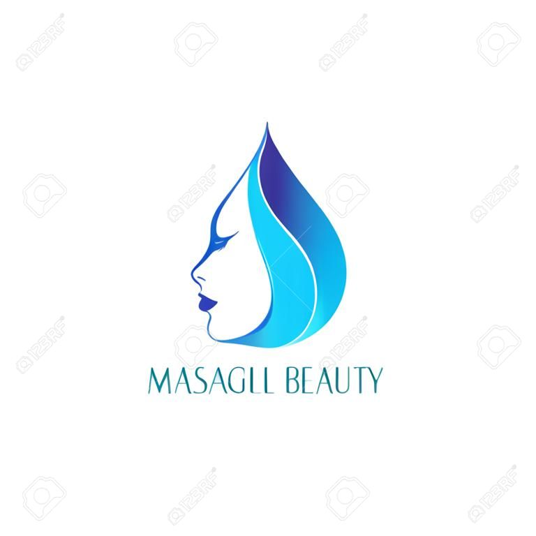 Mooi vrouwelijk gezicht in Drop met golven. Vector Logo Template. Abstract Business Concept voor schoonheidssalon, Barbershops, Massage, Cosmetic en Spa.