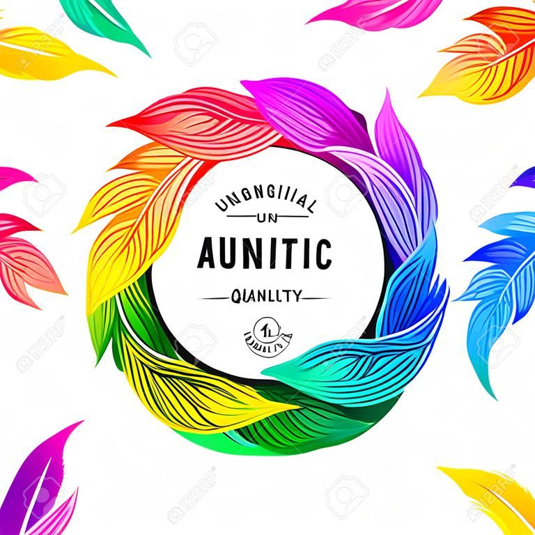 Circle Frame with Fun Rainbow Colored Feathers. Vector Round Label. Vibrant Flower Wreath. Abstract Colorful Background. Beautiful Petals Borders.