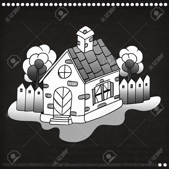 房子向量著色書的黑白插圖