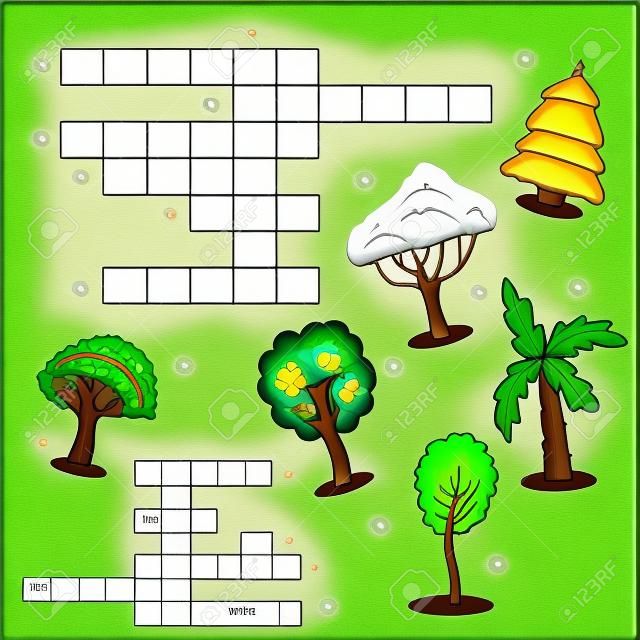 Puzzle Kinder Aktivität Blatt - Kreuzworträtsel mit Bäumen- Lernspiel, Kreuzworträtsel für Kinder. Vokabeln lernen