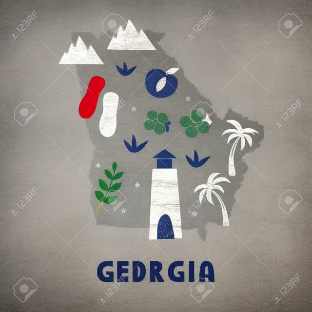 USA map collection. State symbols and nature on gray state silhouette - Georgia. Cartoon simple style for print