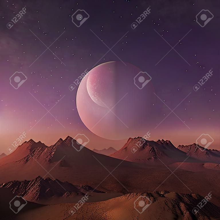 3d rendering Space Art: Alien Planet - A Fantasy Landscape con cieli viola e stelle