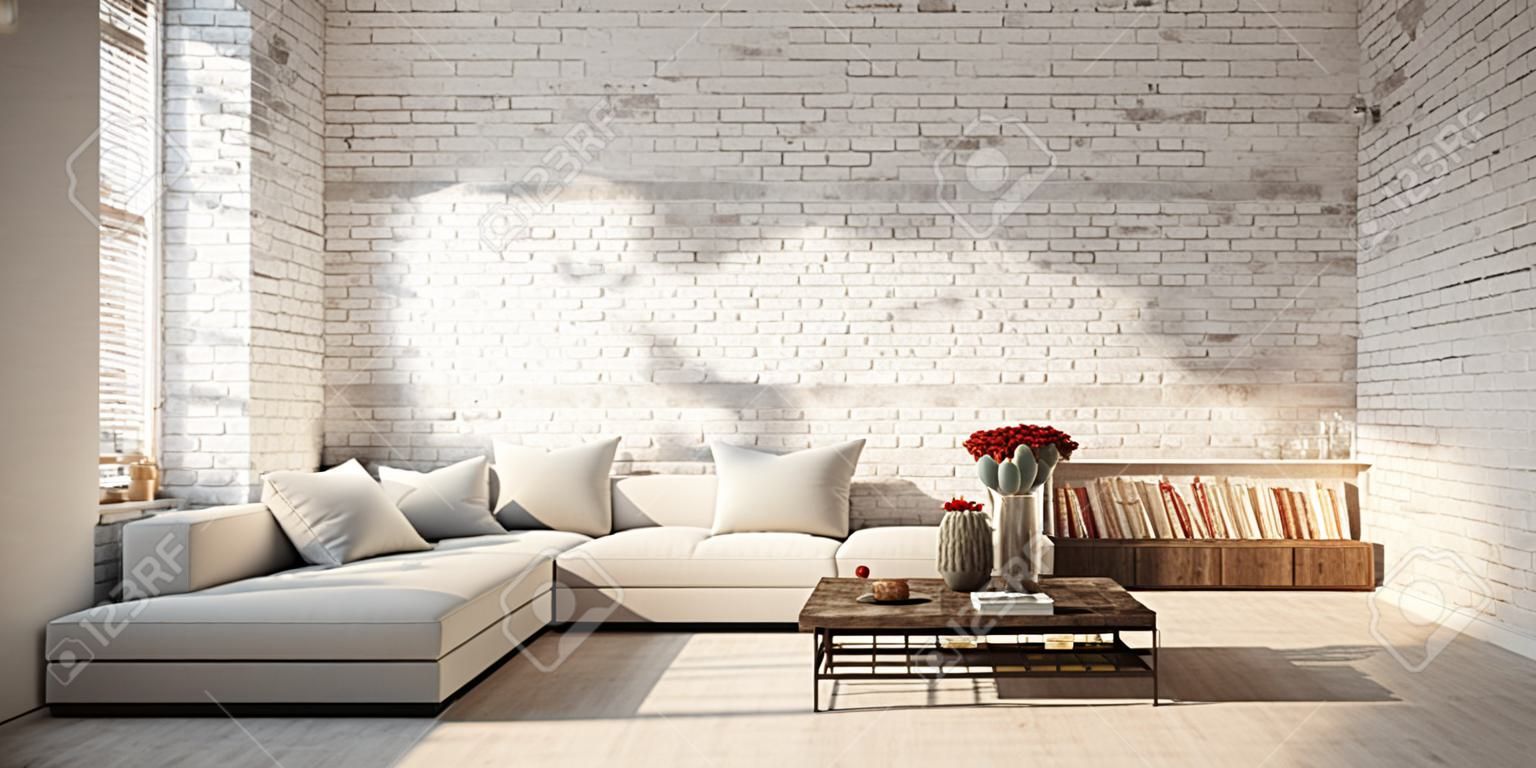Modern interior design with old white brick wall. Cozy living room