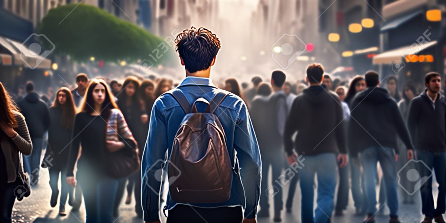 Een jonge man staat midden in een drukke straat, eenzame man staat stil in een drukke straat waar mensen snel lopen