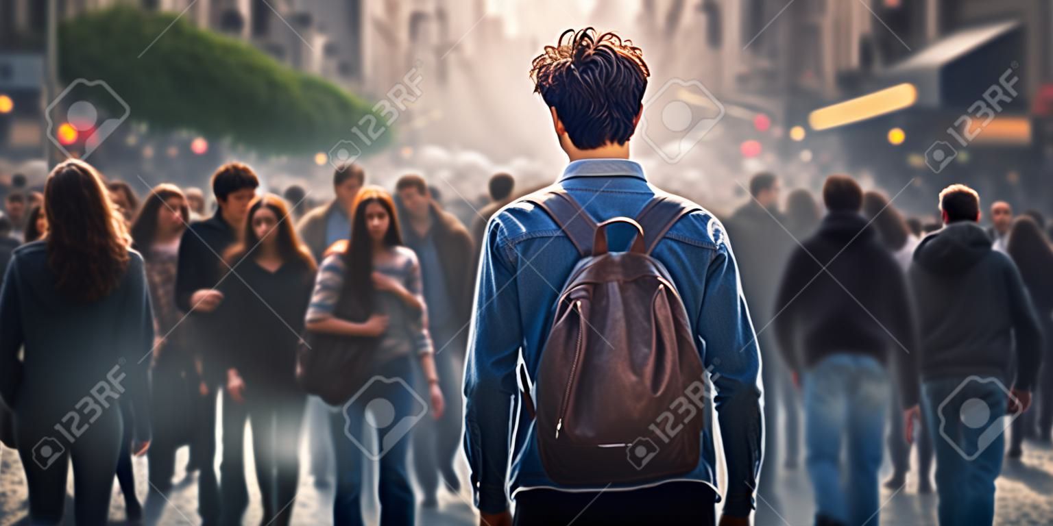 A young man stands in the middle of a crowded street. Lonely man standing still on a busy street with people walking fast