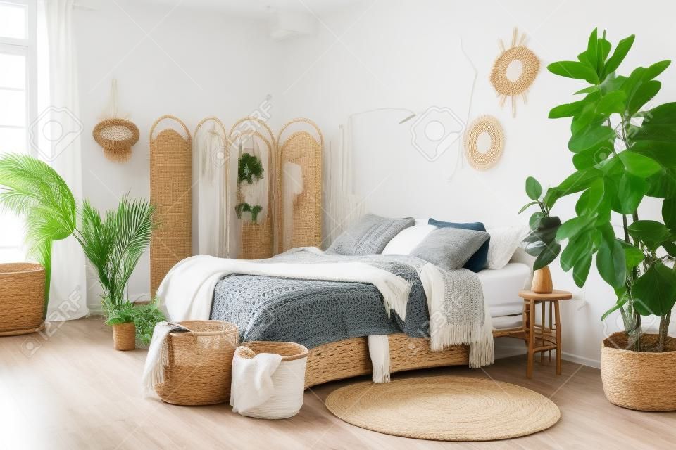 Komfortables Apartment im böhmischen Stil mit Hygge-Schlafzimmer, Kissen und Tagesdecke auf dem Bett, Bambus-Schminkwand, Wohnkultur, Trockenpflanzen in Vase, Weidenkorb, Zimmerpflanze auf dem Boden