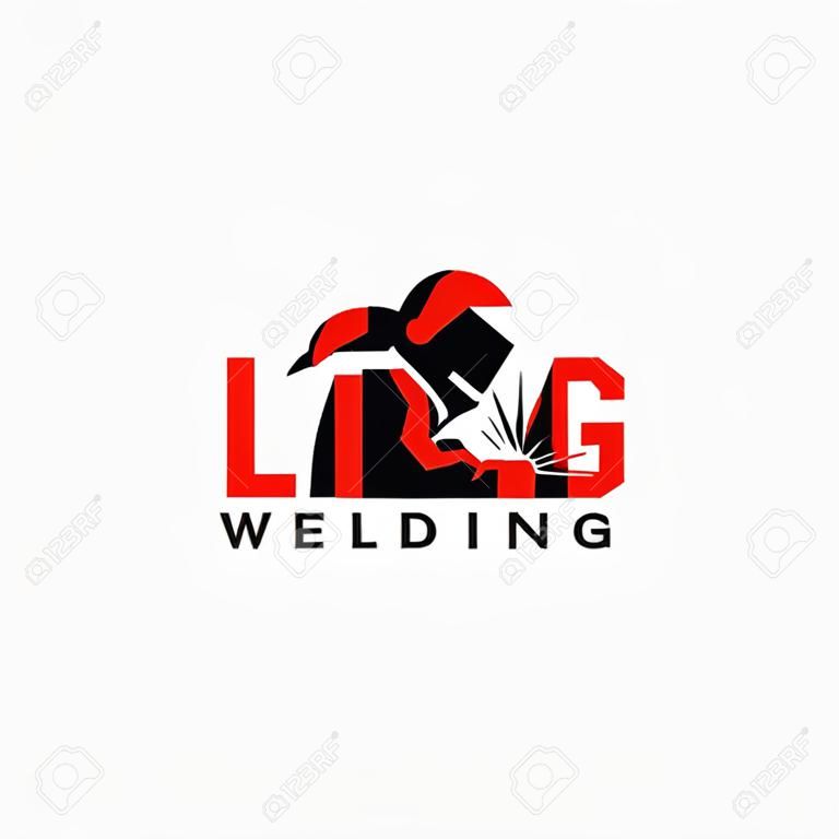 WELDING LOGO welder silhouette working with helmet in simple and modern design style