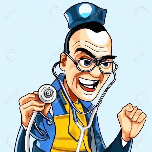 cartoon mad doctor with stethoscope