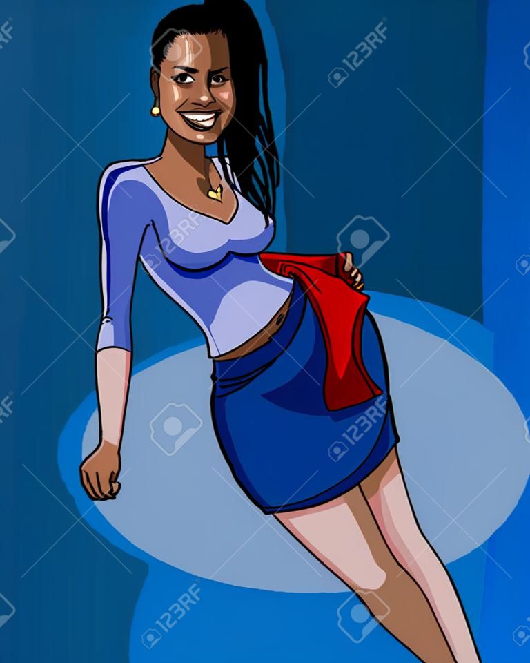 cartoon of a smiling woman and lifts up her skirt