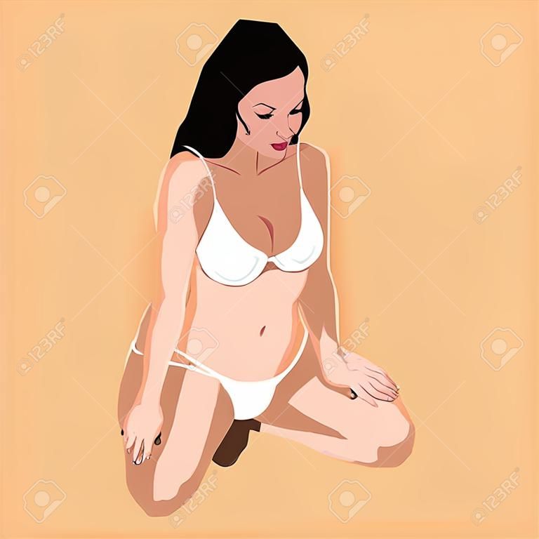 Femme en lingerie blanche accroupi
