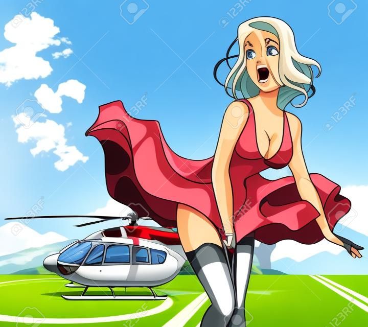 cartoon girl with her skirt billowing in the wind is about the helicopter