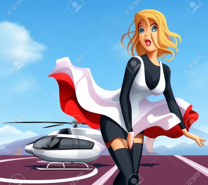 卡通女孩與她的裙子在風滾滾約為直升機