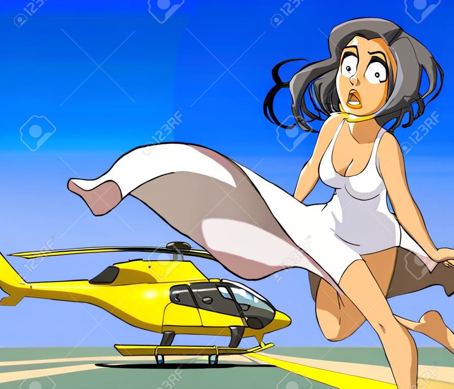 卡通女孩與她的裙子在風滾滾約為直升機
