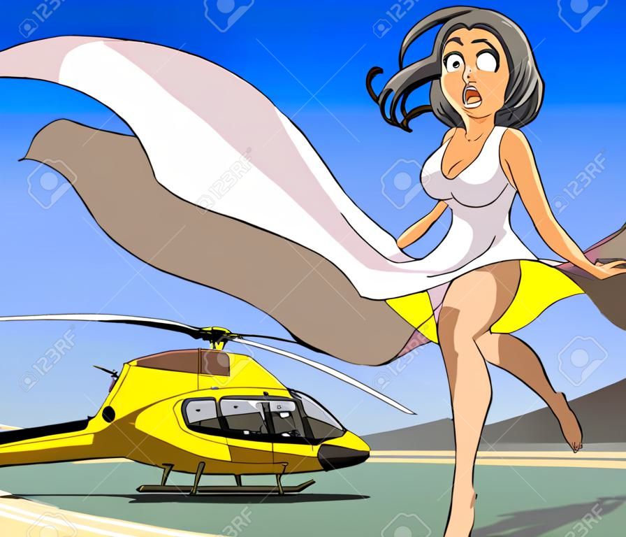 cartoon girl with her skirt billowing in the wind is about the helicopter