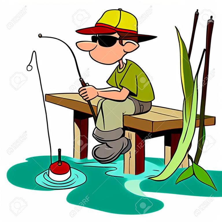 cartone animato pescatore con una canna da pesca seduto sul palco