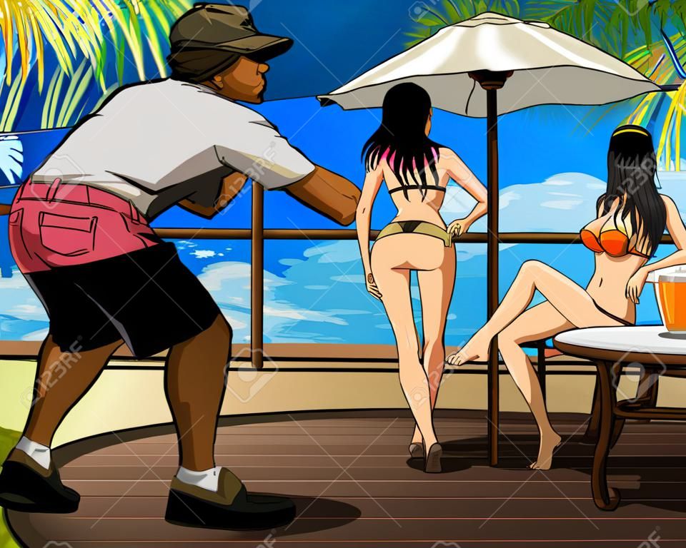 hombre de dibujos animados paparazzi fotografió mujeres en bikini