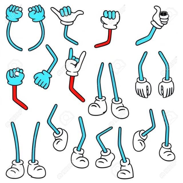 Komiczna kolekcja rąk i nóg. śmieszne rysunkowe ramiona w rękawiczkach i stopy w butach wykonujące różne gesty i czynności. ilustracja wektorowa dla języka ciała, komiksów, dzieł sztuki
