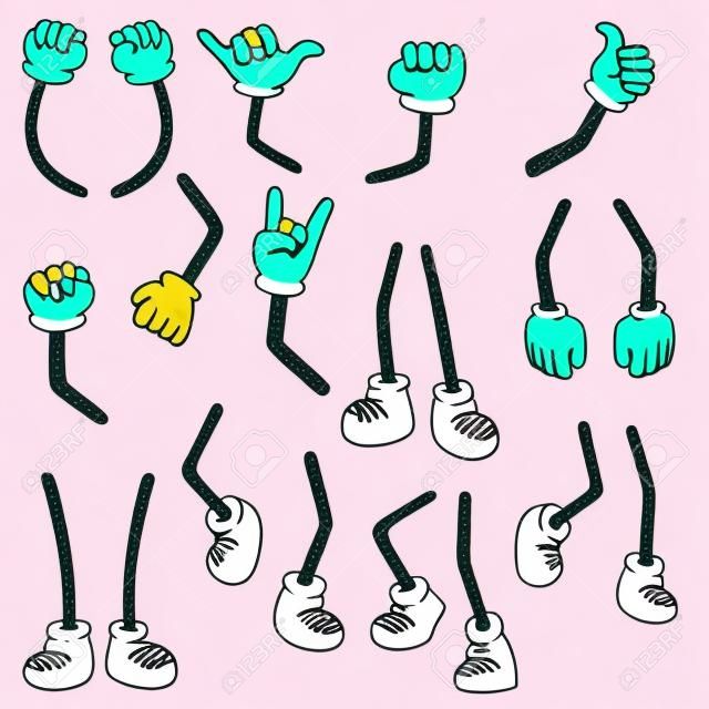 Komische Sammlung von Händen und Beinen. Lustige Cartoon-Arme in Handschuhen und Füße in Schuhen, die verschiedene Gesten und Aktionen ausführen. Vektorillustration für Körpersprache, Comics, Kunstwerke