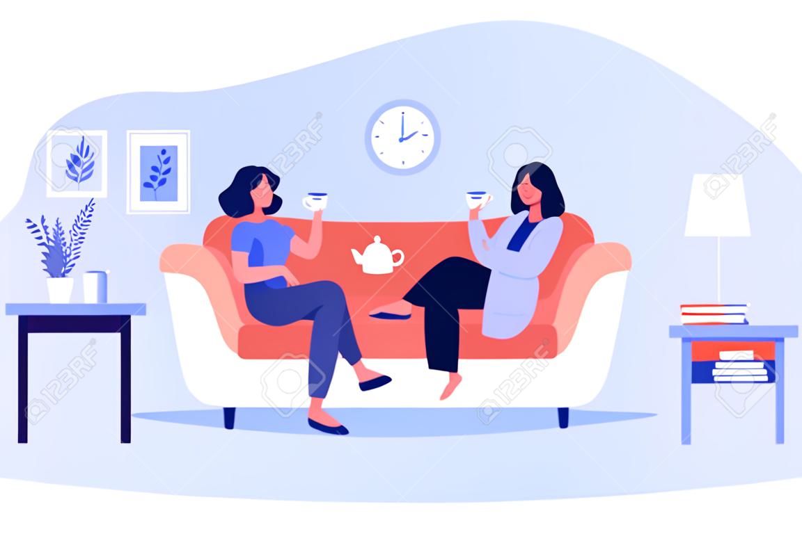 Due amiche che bevono tè a casa illustrazione vettoriale piatta. Personaggi sorridenti dei cartoni animati seduti sul divano in soggiorno con caffè e parlare. Concetto di conversazione e amicizia