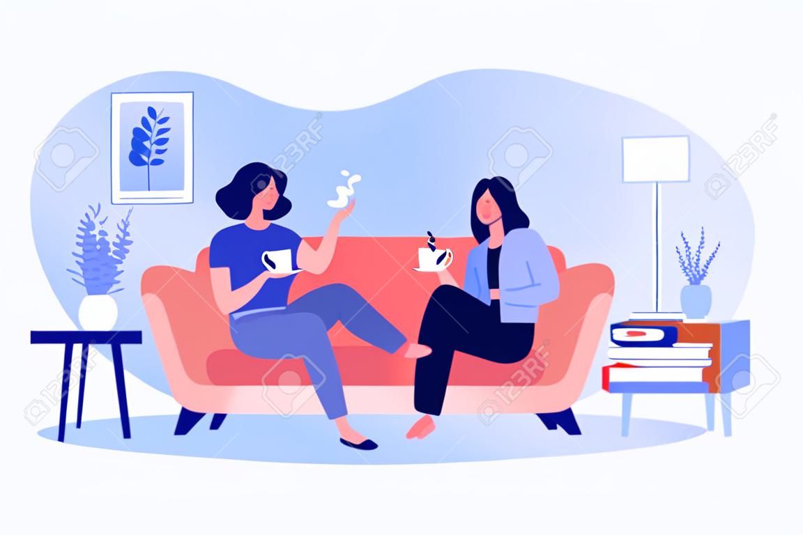 Two female friends drinking tea at home flat vector illustration. Cartoon smiling characters sitting on sofa in living room with coffee and talking. Conversation and friendship concept