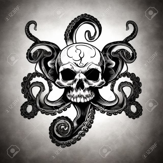 Projekt tatuażu czaszki z mackami. monochromatyczny element z ośmiornicą w pirackiej ilustracji wektorowych martwej głowy. koncepcja życia morskiego dla szablonów symboli i emblematów