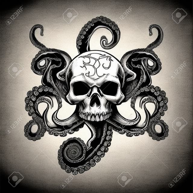 Calavera con diseño de tatuaje de tentáculos. Elemento monocromático con pulpo en la ilustración de vector de cabeza muerta pirata. Concepto de vida marina para plantillas de símbolos y emblemas
