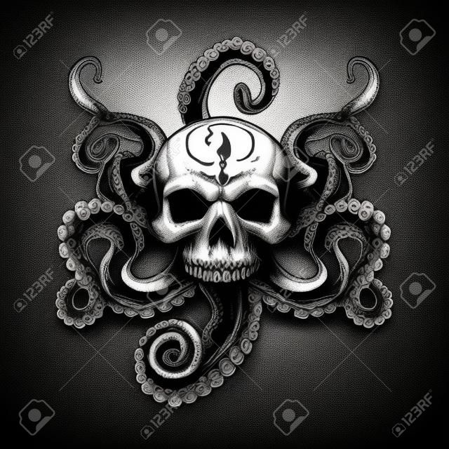 Projekt tatuażu czaszki z mackami. monochromatyczny element z ośmiornicą w pirackiej ilustracji wektorowych martwej głowy. koncepcja życia morskiego dla szablonów symboli i emblematów