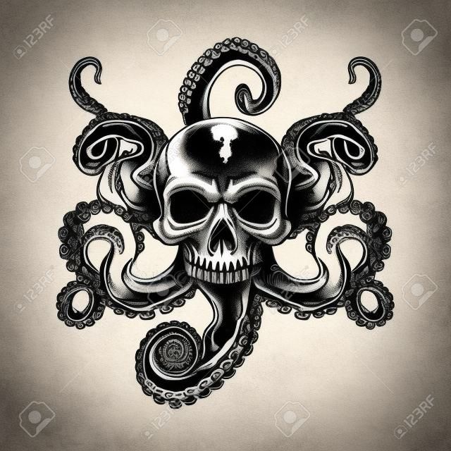 Skull with tentacles tattoo design. Monochrome element with octopus in pirate dead head vector illustration. Sea life concept for symbols and emblems templates