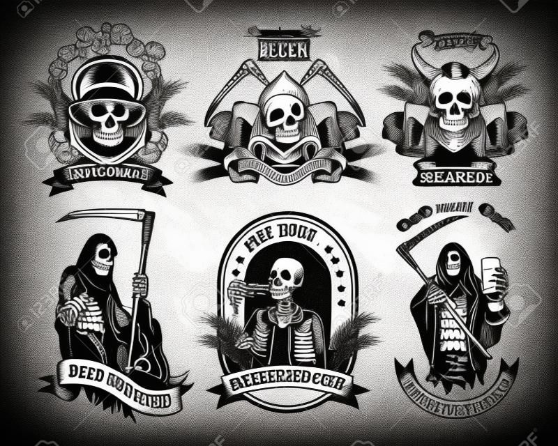 Monochrome labels with skeleton and beer vector illustration set. Retro tattoo design with dead character drinking alcohol. Beverage and weekend concept can be used for retro template