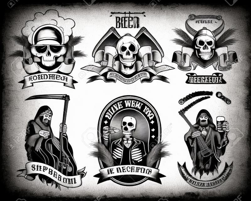 Monochrome labels with skeleton and beer vector illustration set. Retro tattoo design with dead character drinking alcohol. Beverage and weekend concept can be used for retro template