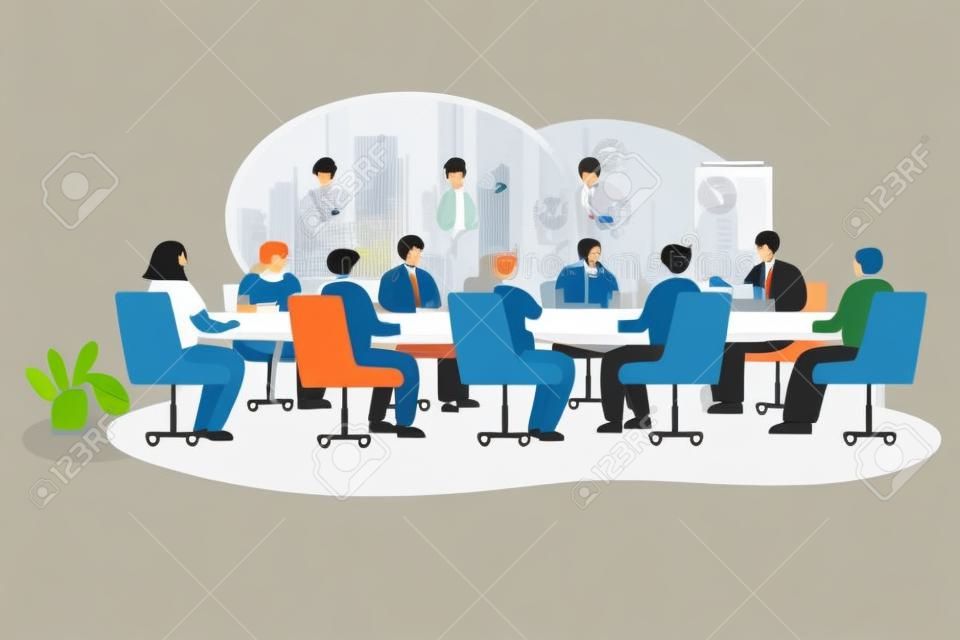 Men and women sitting on chairs at round table in office boardroom. Board, leader and CEO having big talk about business strategy flat vector illustration. Team work, corporate culture concept