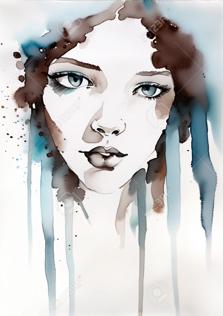watercolor illustration showing the face of a pretty, young girl in a winter color tones