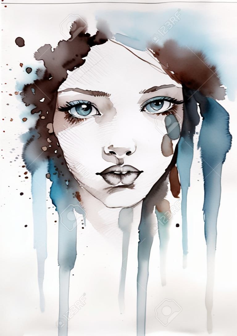 watercolor illustration showing the face of a pretty, young girl in a winter color tones