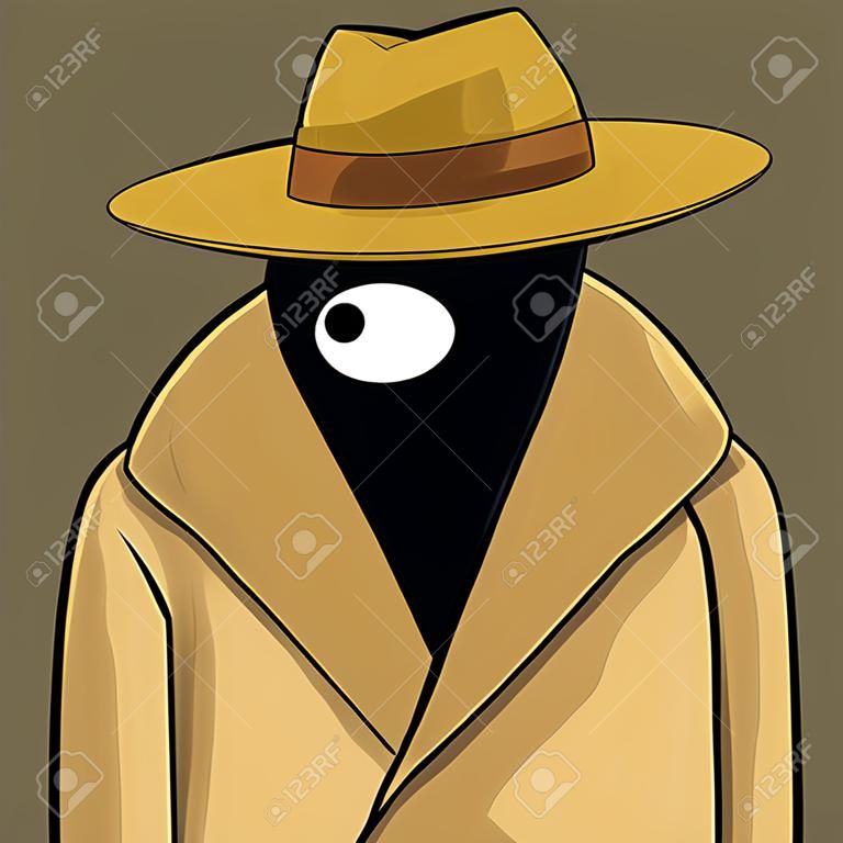 Ilustração dos desenhos animados de um espião vestindo um chapéu e capa de trincheira