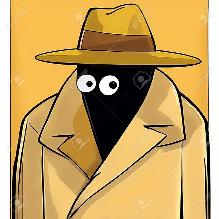 Ilustración de la caricatura de un espía que llevaba un sombrero y sobretodo