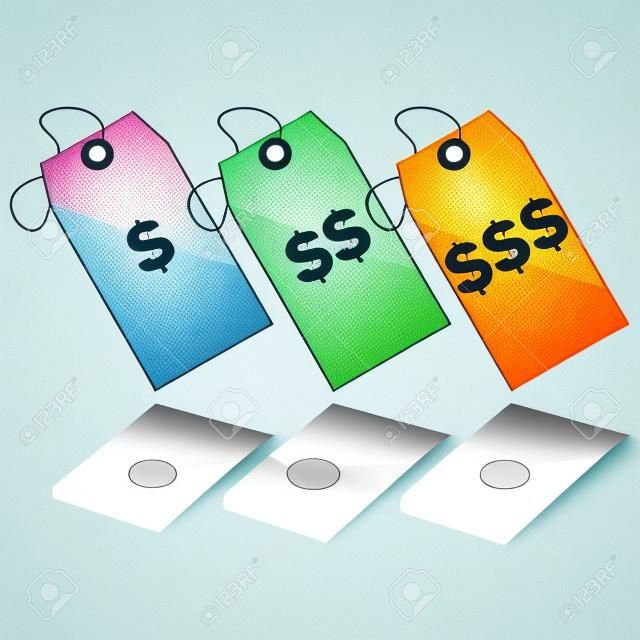 저렴한에서 가장 비싼에 세 가지 다른 가격 수준을 나타내는 세 개의 가격 태그를 보여주는 광택 그림