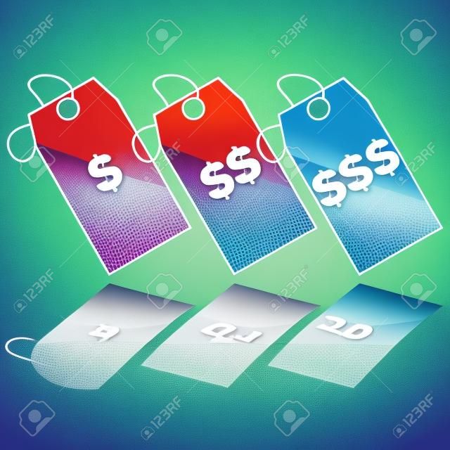 Glossy illustration showing three price tags representing three different price levels, from cheapest to most expensive