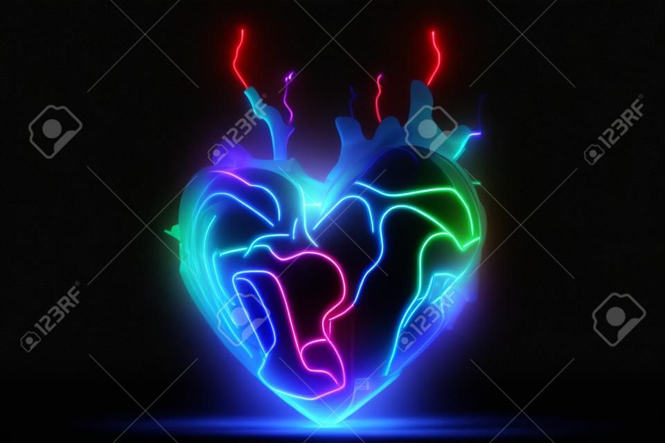 Illustration 3D d'un coeur fait de néons sur fond sombre