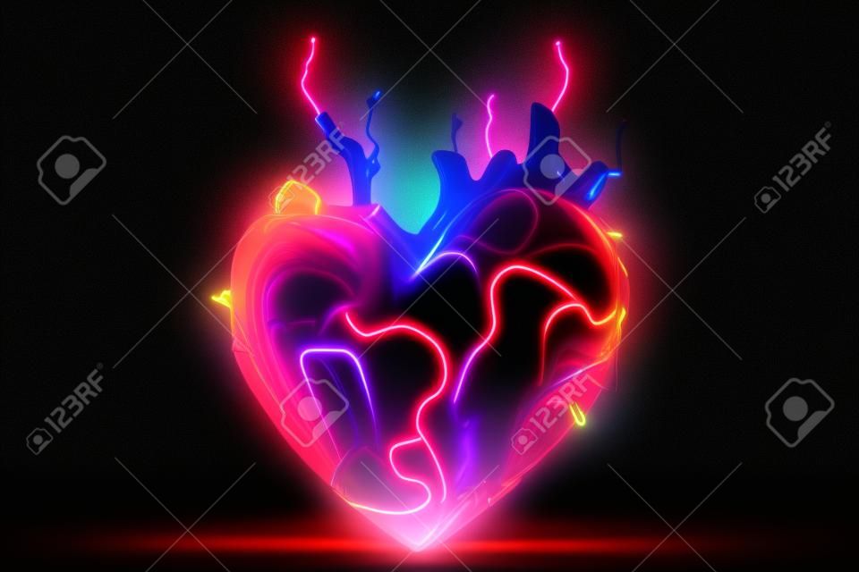 Illustration 3D d'un coeur fait de néons sur fond sombre