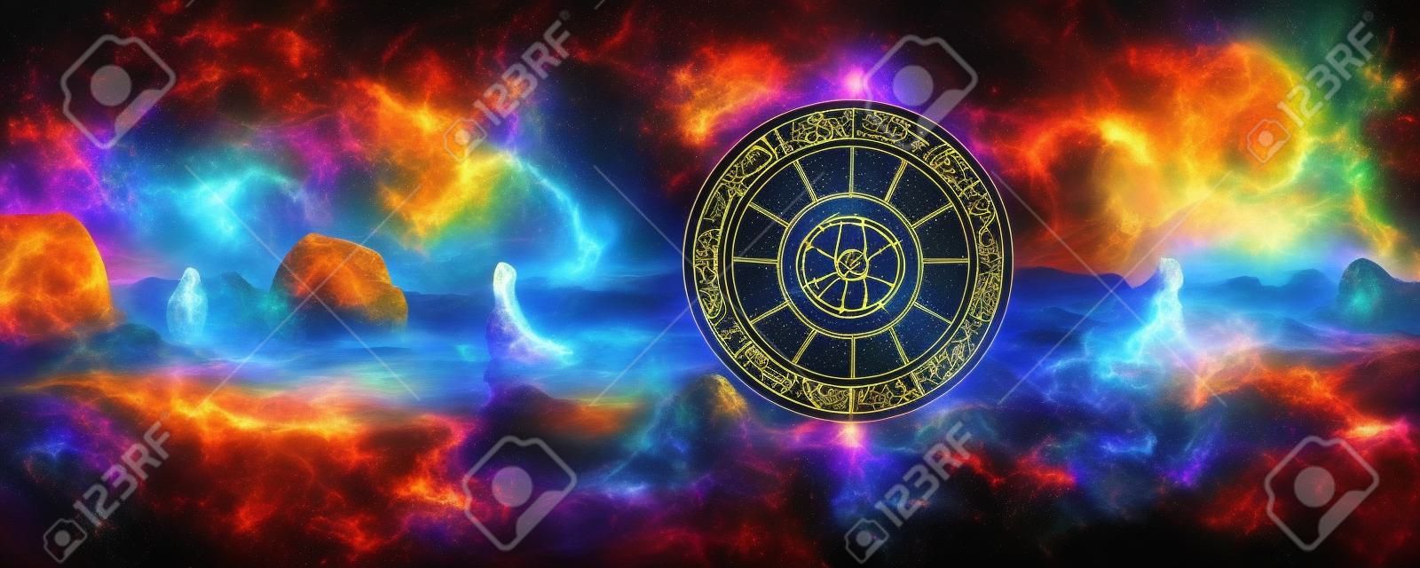 Sfondo di simboli zodiacali sacri, astrologia, alchimia, magia, stregoneria e cartomanzia. pittura digitale generata da ai.
